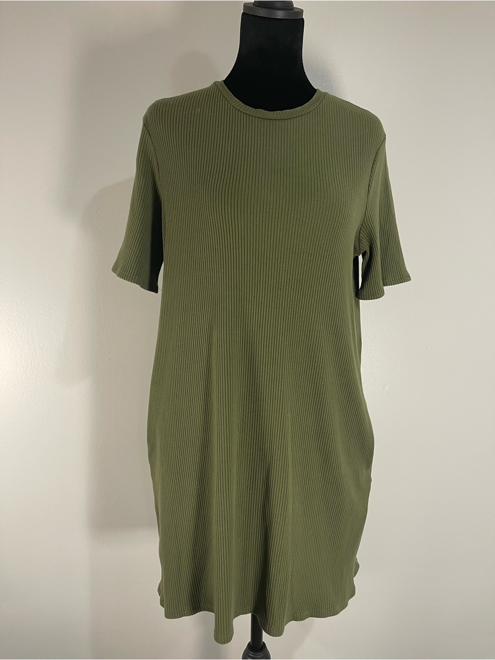 Reformation Olive Green Ribbed Tencel T-shirt Mini Dress Pockets Sz.M